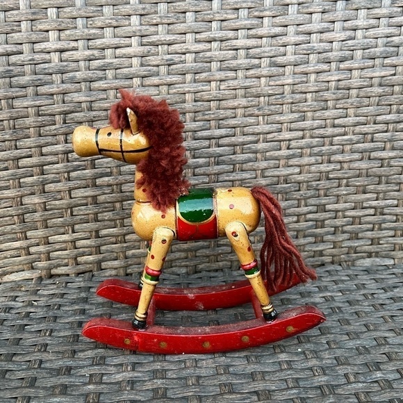 VINTAGE Wooden Rocking Horse Pony Yarn Mane Christmas Decor Handcrafted - Picture 2 of 7